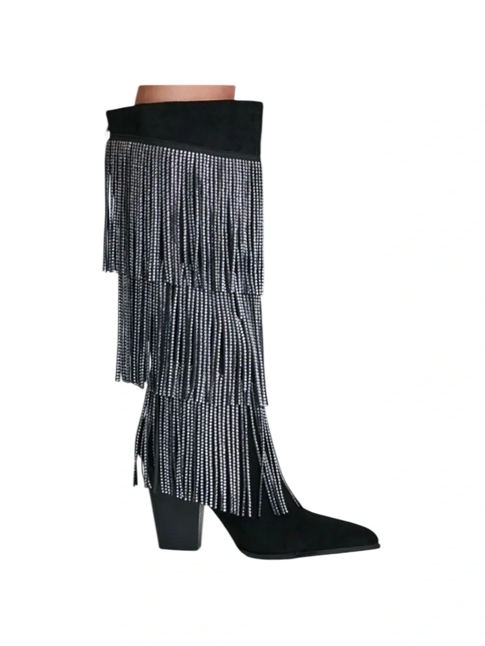 Black Suede Fringe Knee-High Boots with Rhinestones